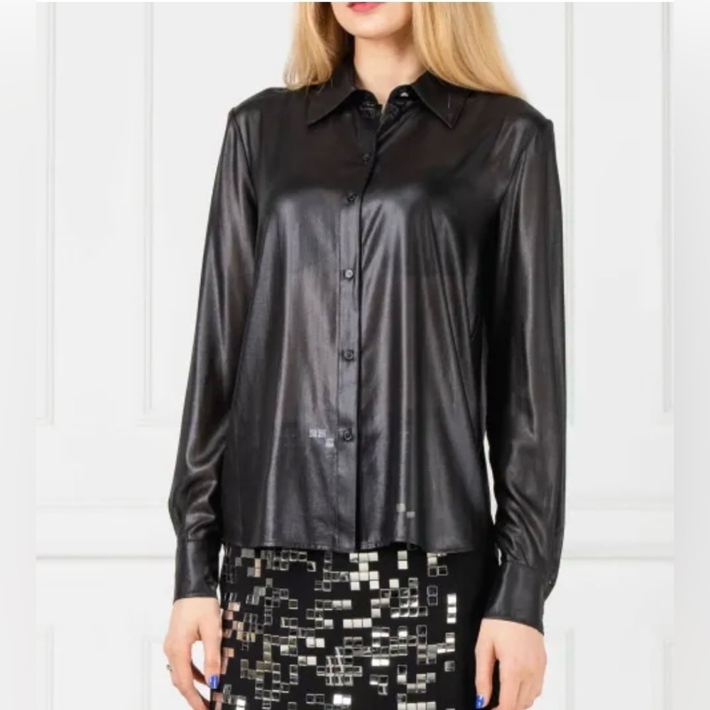 Pinko Metallic Silk Black Button-Down Shirt